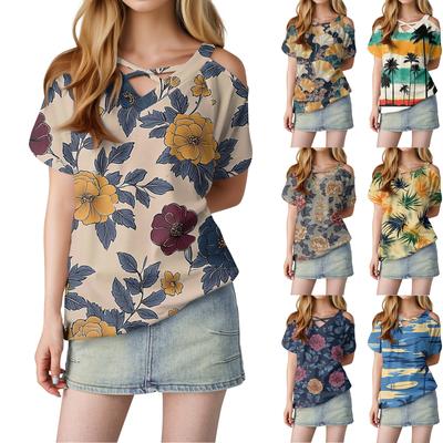 Lässiges, schulterfreies, kurzärmliges T-Shirt mit V-Ausschnitt und Blumendruck für Damen