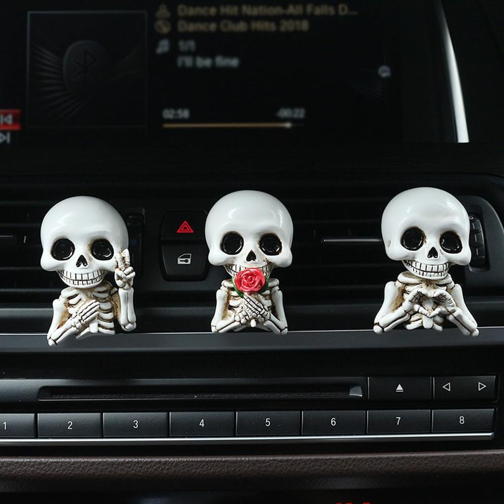 Set of 3 Halloween Skull Decor Cute Car Air Freshener Vent Clips, Resin Skeleton Holding Rose Car Diffuser Romantic Dashboard Decorations Auto