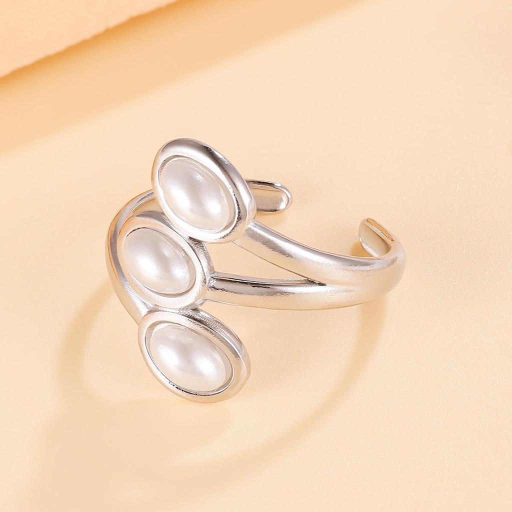 18K Gold Plated Geometric Faux Pearl Open Ring: Versatile Fairy Style Stainless Steel Jewelry for Women