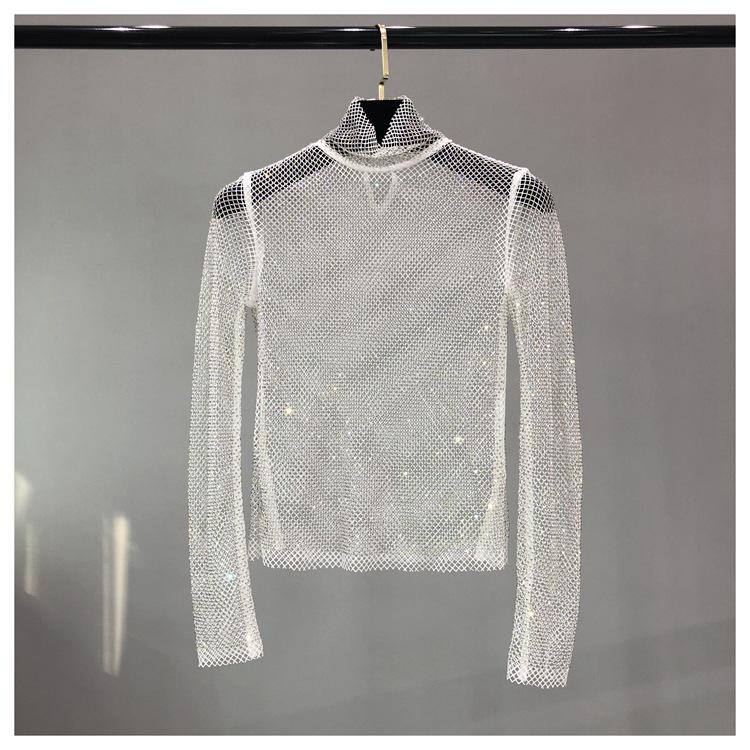 European & American Autumn/Winter Mesh Diamond High Collar Sexy Top - Versatile Fairy-Inspired Perspective Bottoming Shirt for Women