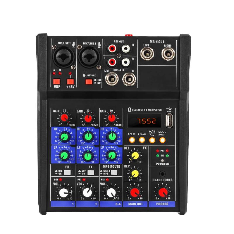 4 Channel USB Audio Mixer with Wireless Microphone Studio Sound Mixers with Bluetooth DJ Console Mixing for Karaoke