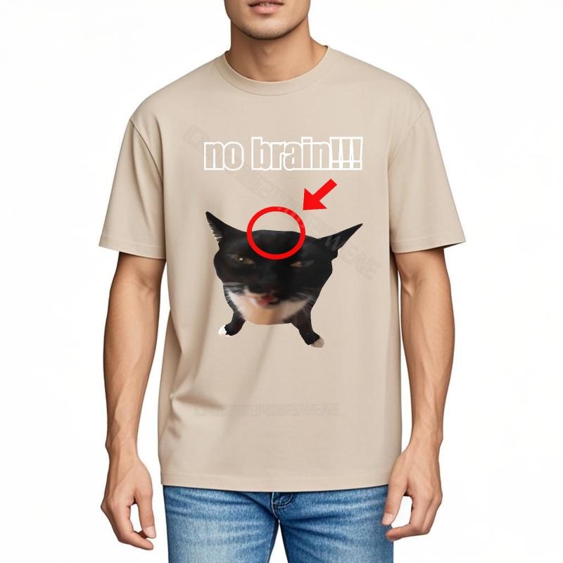 Unisexs Top ONeck Breathable Tee No Brain Cat Face Print Breathable Classic Tshirt Retro Summer Tshirt Short Sleeve