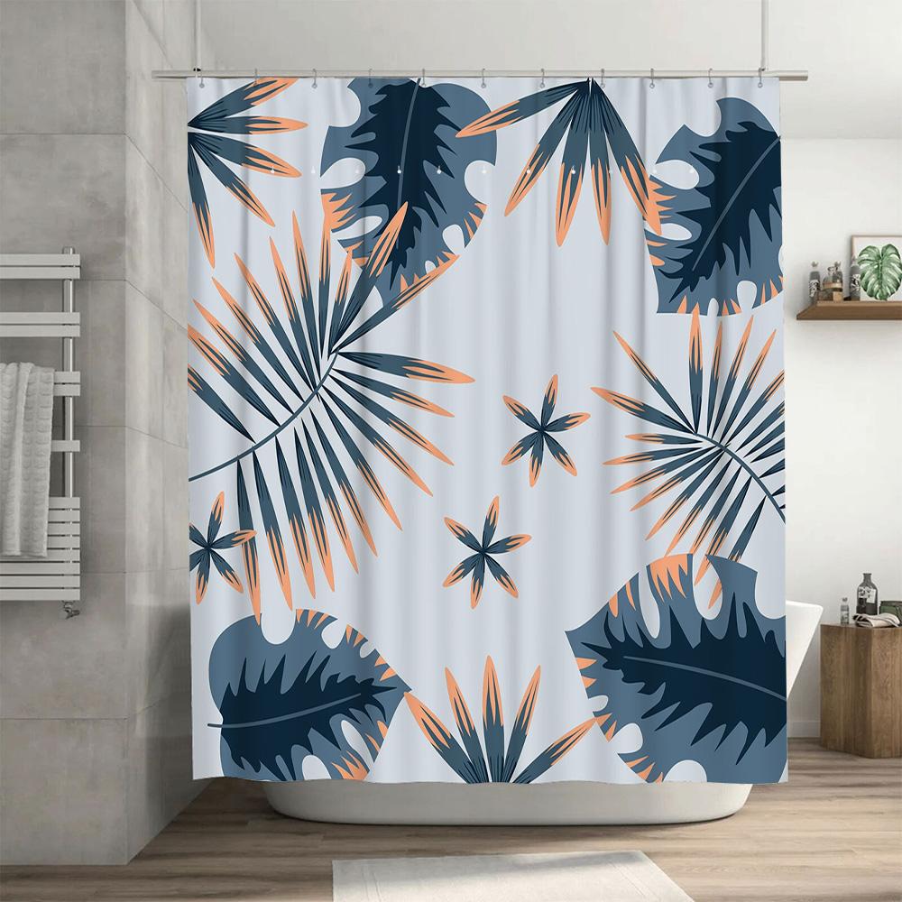 Modern Bathroom Shower Curtain with Palm Leaf Print White Waterproof Fabric for Home Decor Size180cm X 274cm (White)