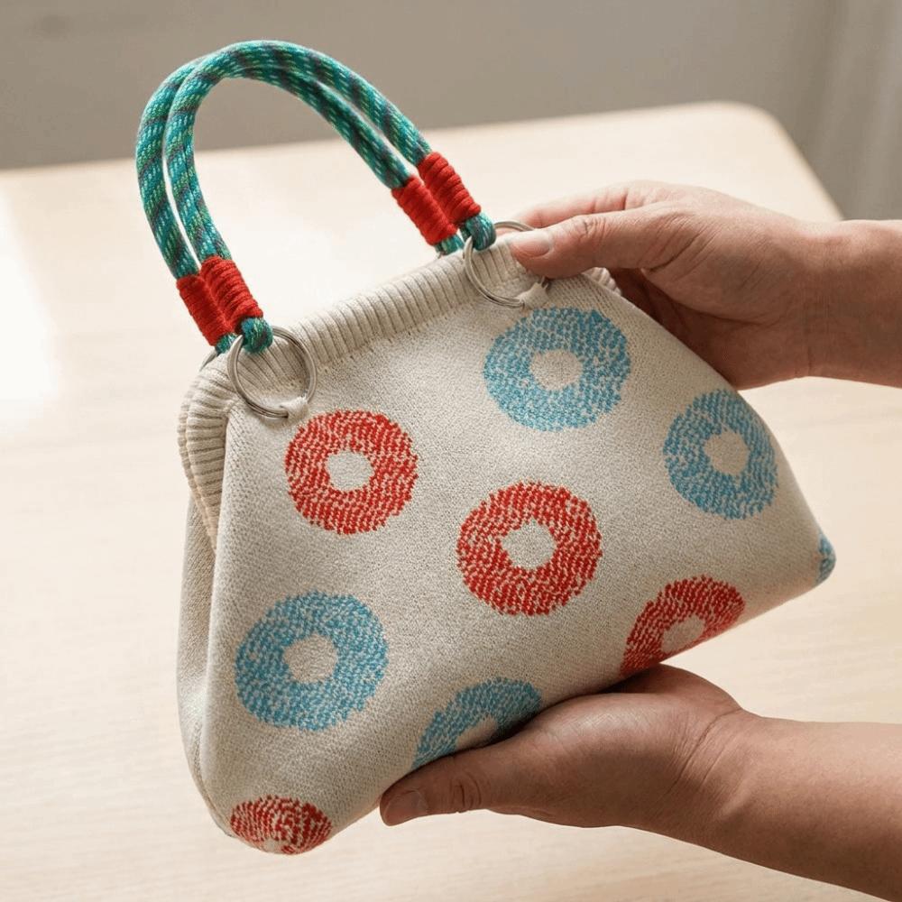 Colorful Print Top Handle Purse Knit Fabric Dumpling Shoulder Bag Cute Woven Handle Handbag  Work