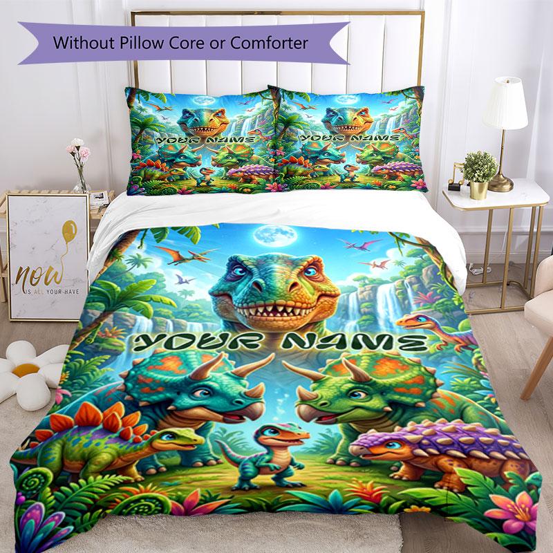 3PC Custom Name Dinosaur Adventure Jungle Bedding Set Duvet Cover Closure Includes 1 Duvet Cover & 2 Pillowcases for Bedroom