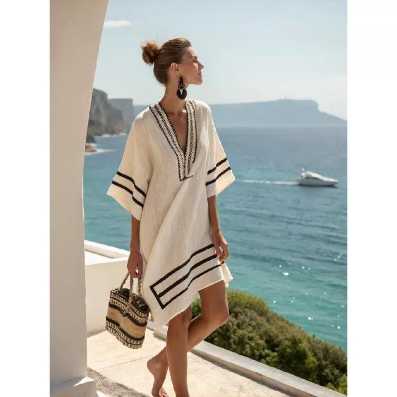 2026 summer European and American new loose printing V-neck women's casual vacation dress
