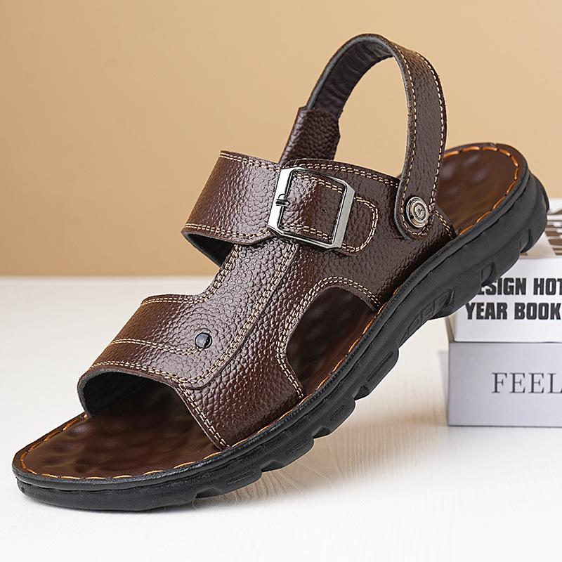 Solid Color Buckle Designer Leather Sandals for Men Summer New Fashion Beach Shoes Male Dual-use Anti-slip Slipper Shoes Man