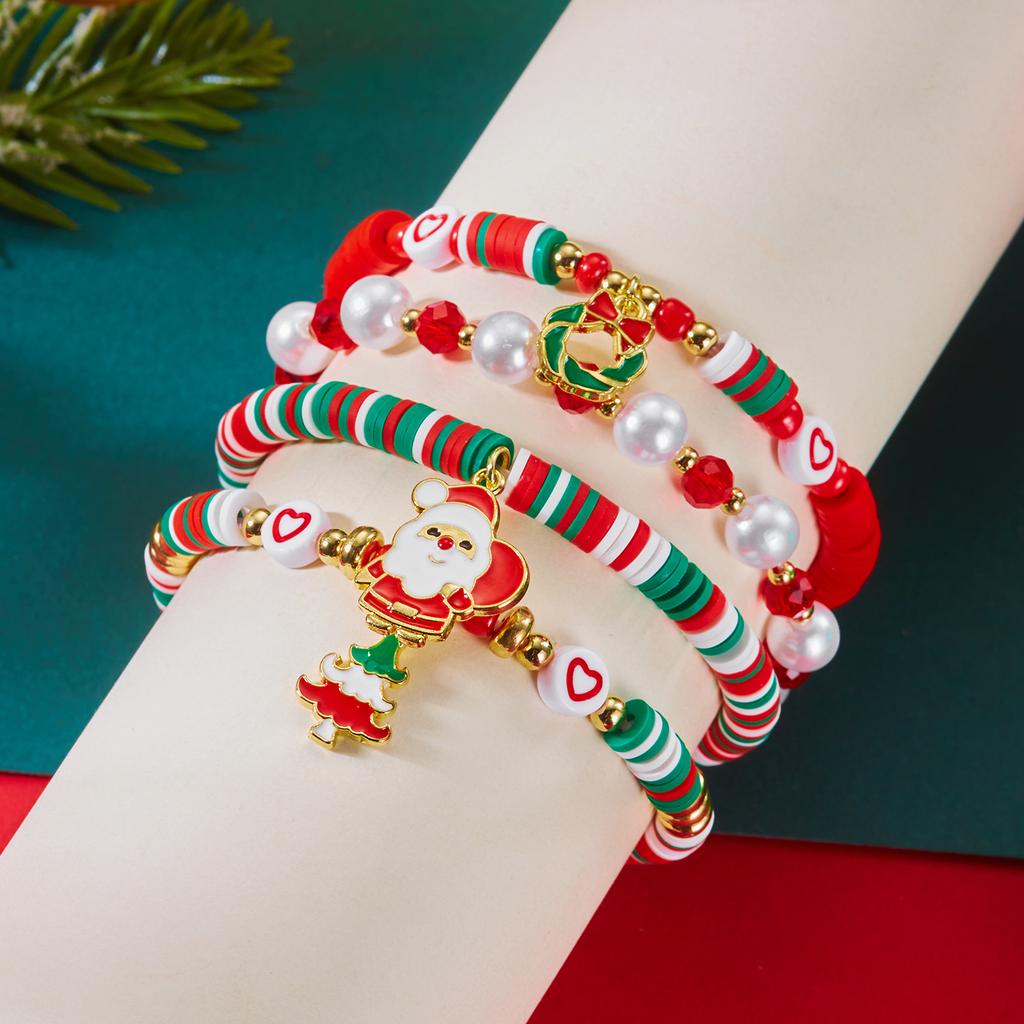4Pcs/Set Christmas Tree Santa Claus Bracelet For Women Xmas Deer Snowflake Pearl Polymer Clay Beads Bracelets New Year Jewelry
