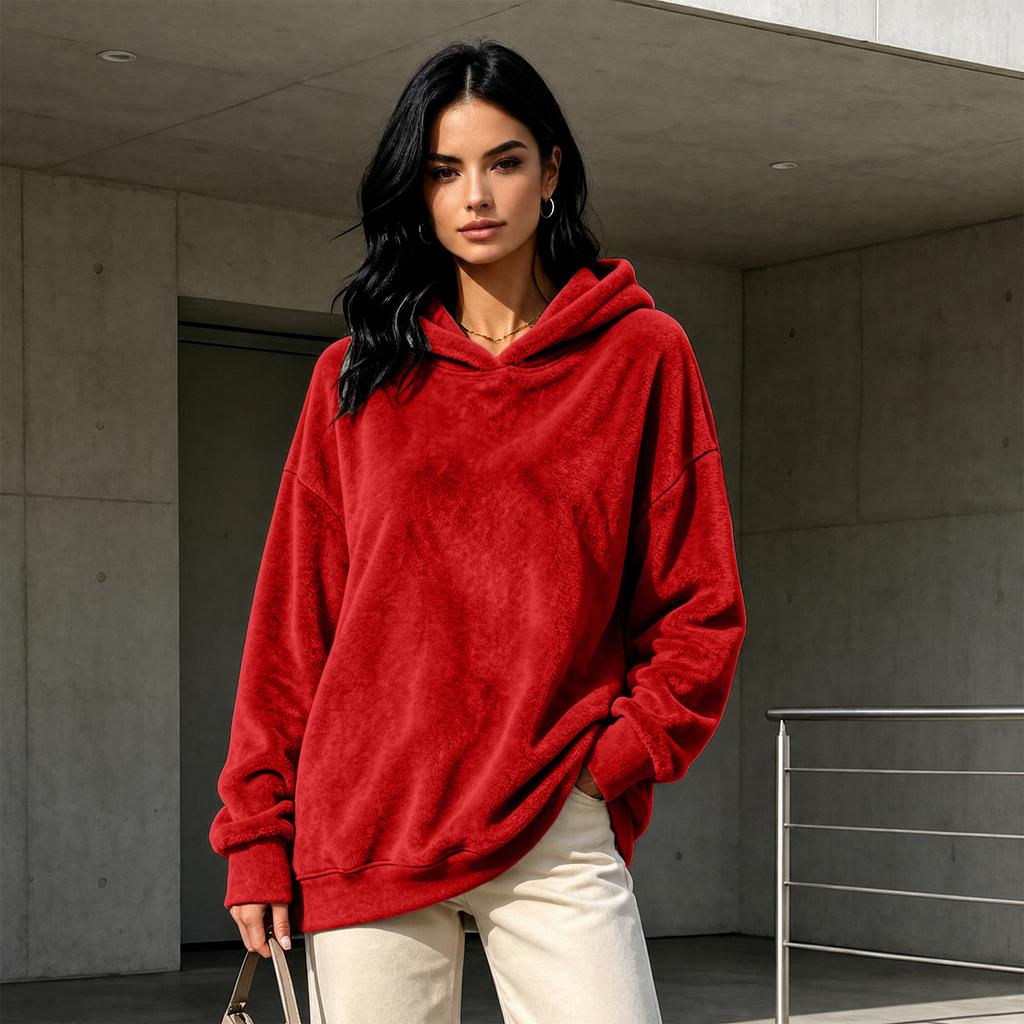 Women's Long Sleeve Flannel Hooded Pullover Color Casual Top