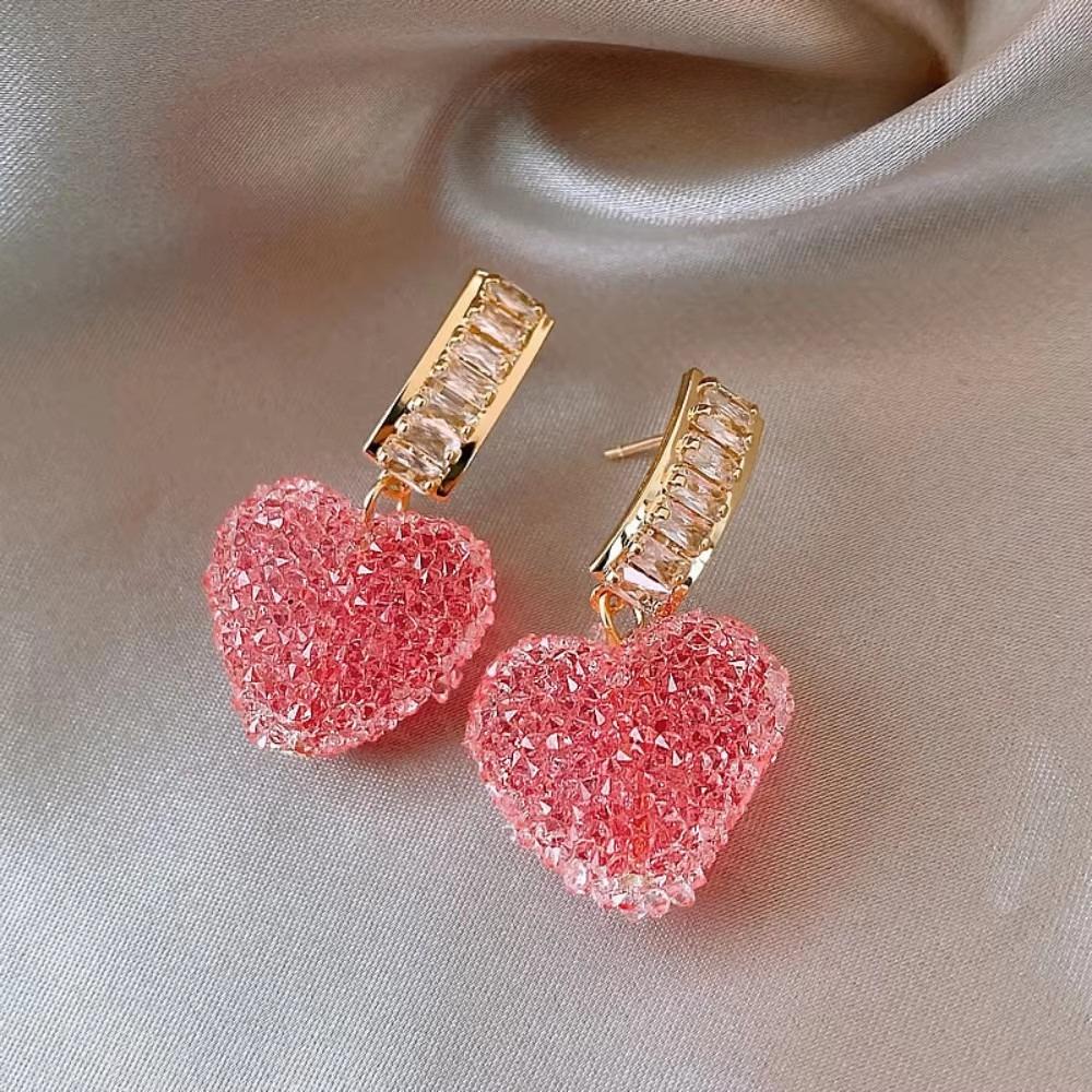 Fashion Cute Lovely Pink Heart Dangle Earrings for Women Girl Korean Trendy Sweet Crystal Peach Heart Earring Party Jewelry Gift