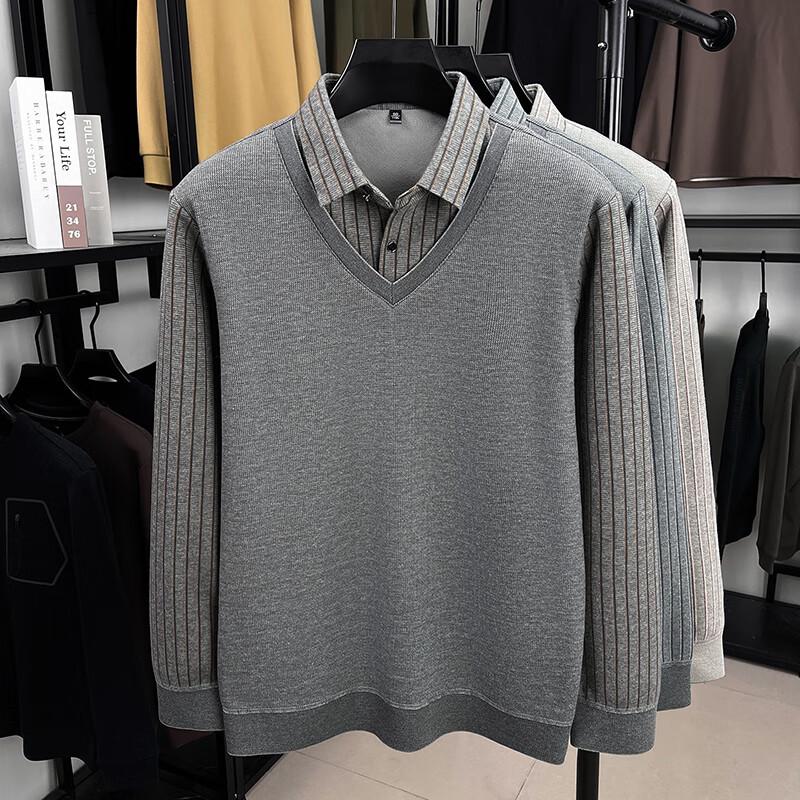 Firstview Men's Winter Fleece-lined Faux Two-Piece Printed Long-Sleeved Base Shirt