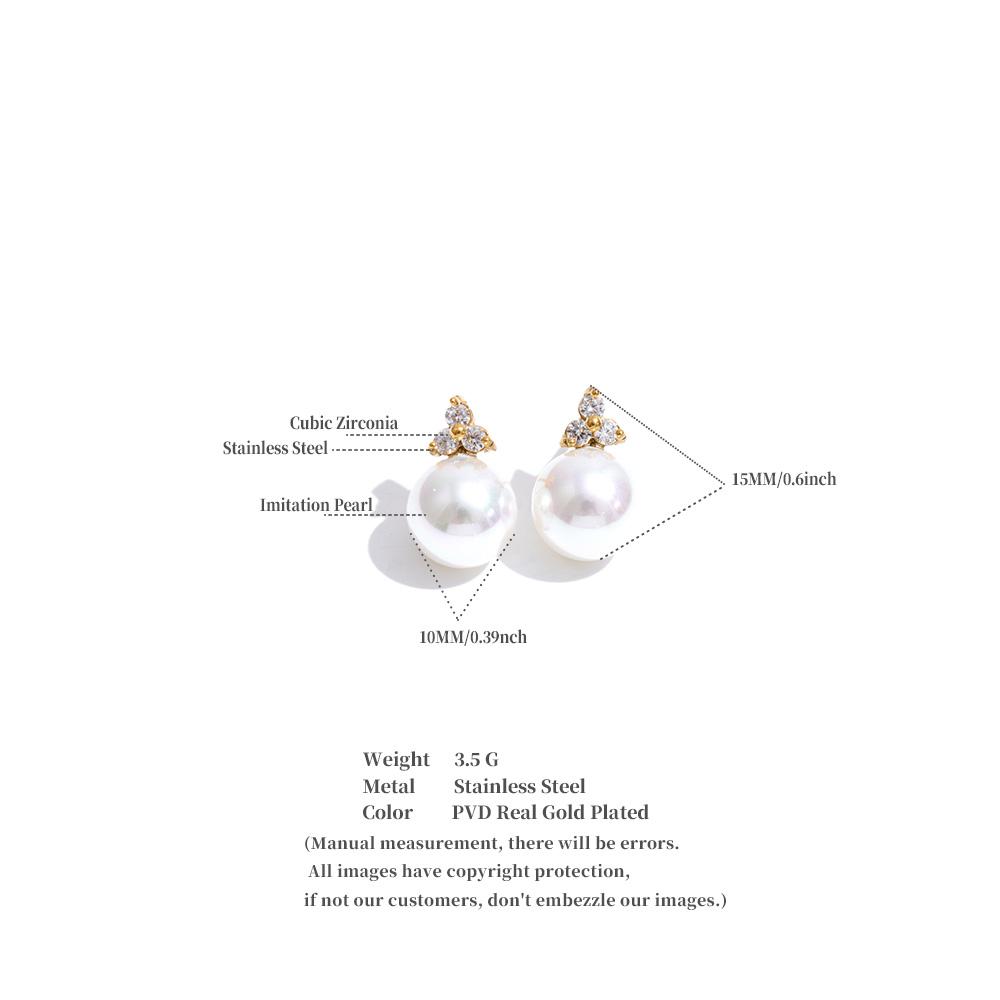 Yhpup Stainless Steel Zircon Simulated Pearls Round Korean Daily Stud Earrings Waterproof Fashion Exquisite Chic Women Jewelry