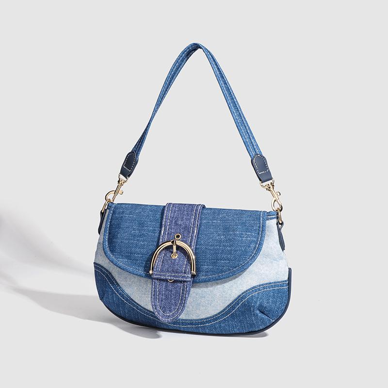 Denim Underarm Bag Women'S Spring And Summer Fashion French Splicing Canvas Pea Bag Shoulder Baguette Bag