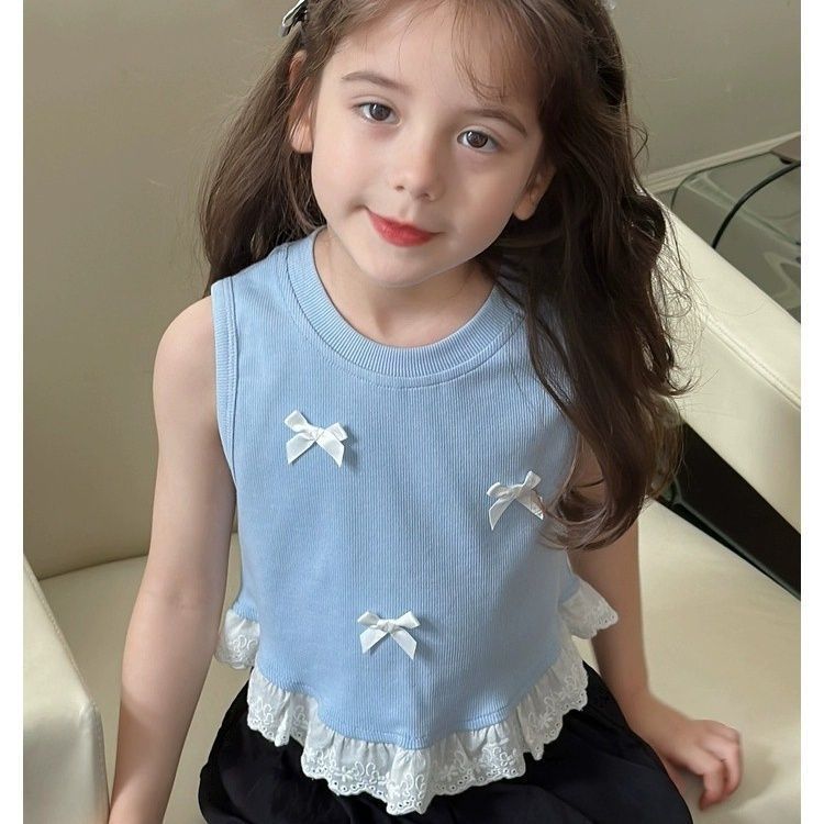 Girls Summer Sweet Bow Tie Splice Lace Sleeveless Crop Vest T Shirt Top 80