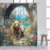 Natural Cave Brown Bear Shower Curtain Snow Mountain Lake Watercolour Floral Plants Animal Bath Curtains Fabric Bathroom Decor