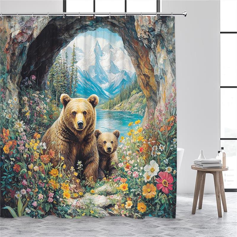 Natural Cave Brown Bear Shower Curtain Snow Mountain Lake Watercolour Floral Plants Animal Bath Curtains Fabric Bathroom Decor