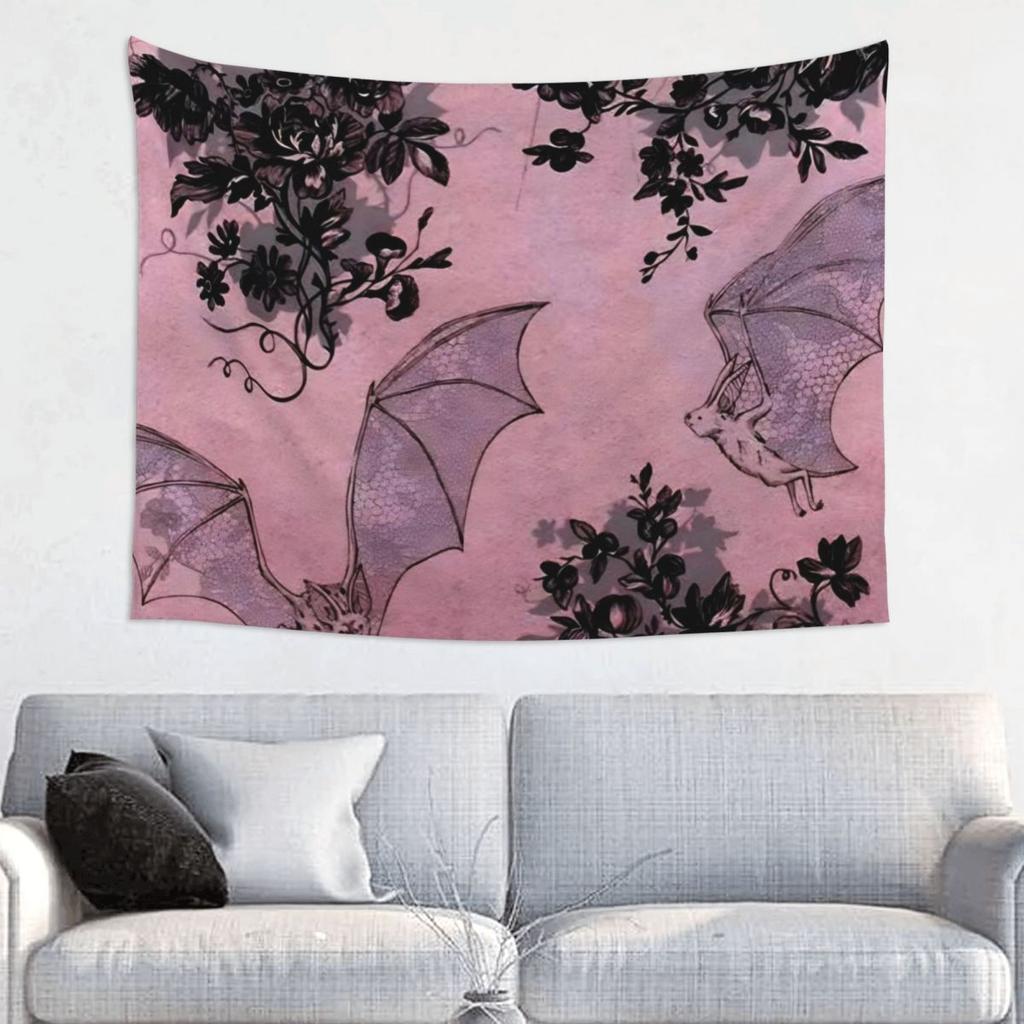 Halloween Gothic Tapestry Wall Hanging Hippie Polyester Tapestries Vampire Bats Pink Fantasy Throw Rug Blanket Dorm 95x73cm