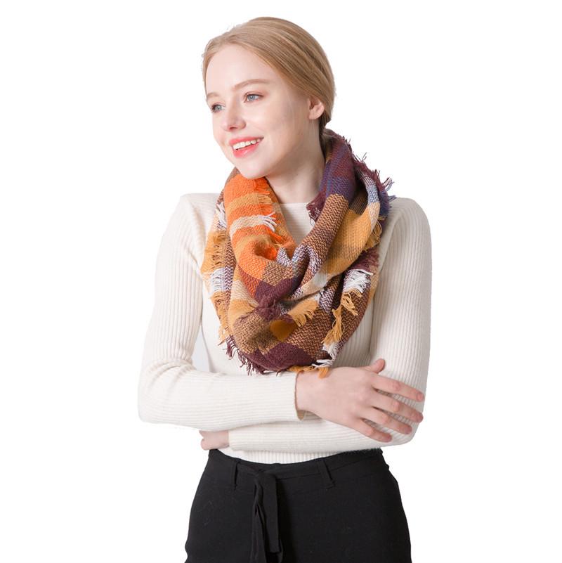 Wind autumn and winter women's warm colorful grid imitation cashmere double-sided fringed grid scarf