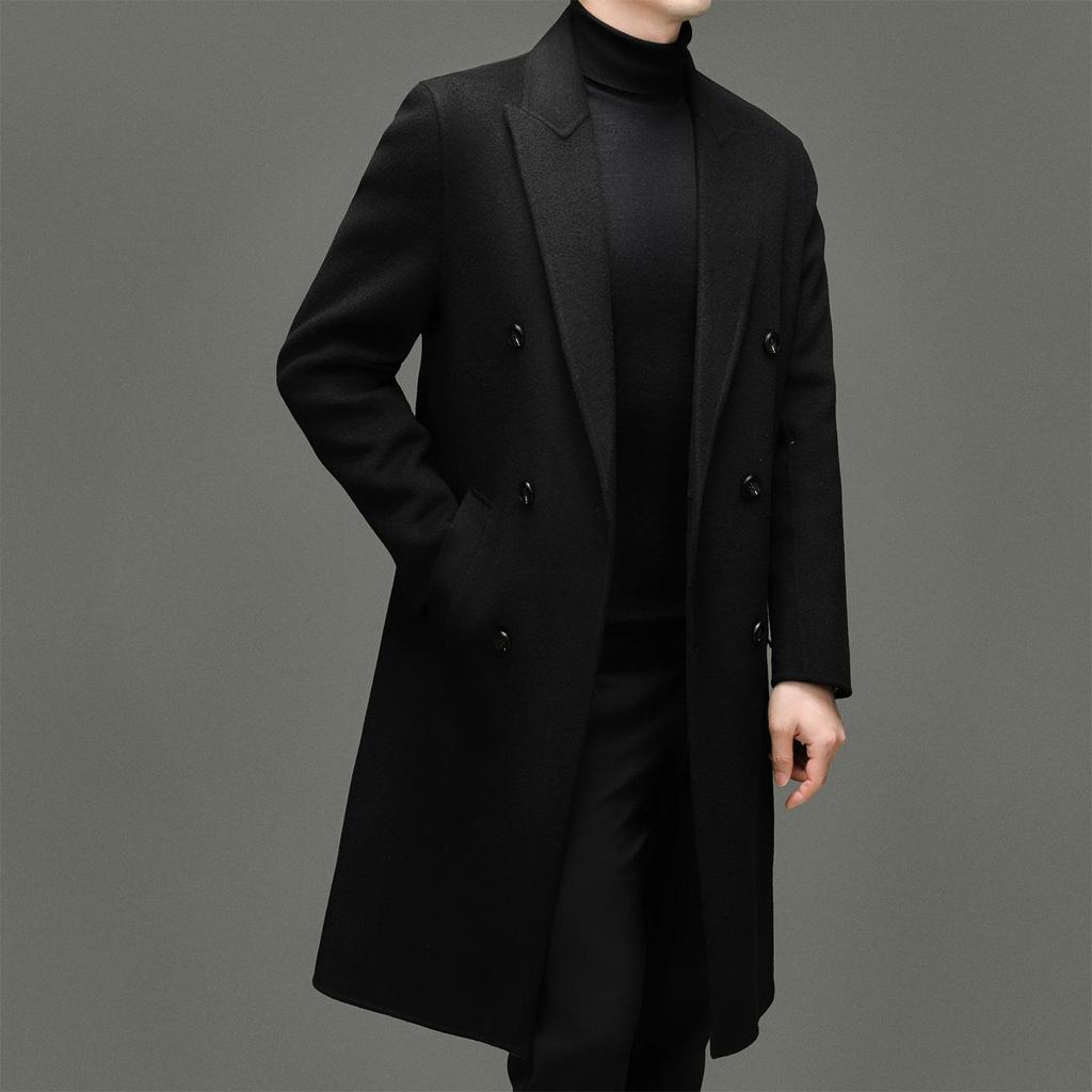Men's 100% Wool Double-Faced Double-Breasted Lapel Collar Business Casual Long Coat
