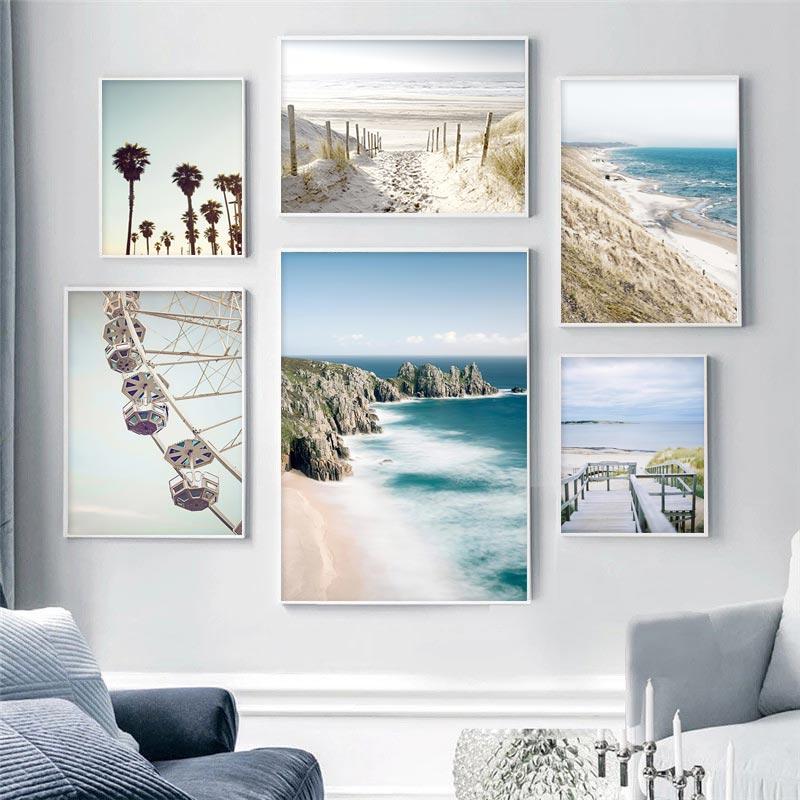 Ocean Poster Beach Sea Cliff Palm Tree Plank Road Canvas Painting Wall Art Nordic Landscape Ferris Wheel Print For Bedroom Decro