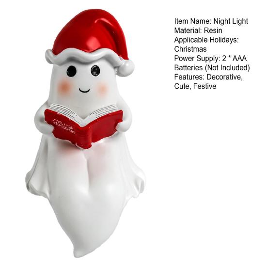 Cute Ghost Reading Book Lamp Christmas Bedroom Light with Red Hat Lightweight Halloween Home Decoration