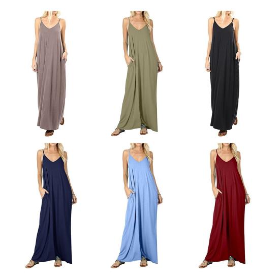 Summer Loose Cami Dress for Women V Neck Sleeveless Floor Length Boho Sundress Flowy