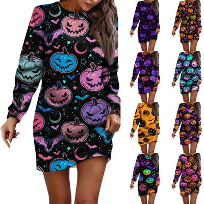 Damen Rundhals Halloween Langarm Hüftkleid Pulloverkleid