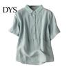 Women Shirt Casual Doll Collar Buttons Half Placket Short Blouse Sleeve Single Breasted Solid Color Loose Fit