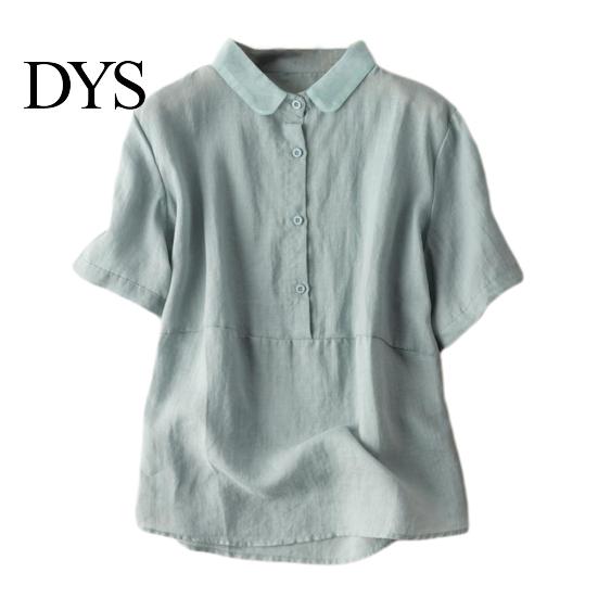 Women Shirt Casual Doll Collar Buttons Half Placket Short Blouse Sleeve Single Breasted Solid Color Loose Fit