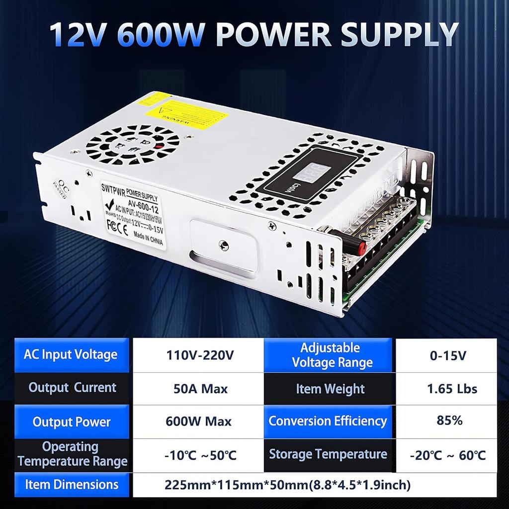 12V 600W Adjustable DC Power Supply 0-12V with LED Display for LED, Car Stereo, Electronics