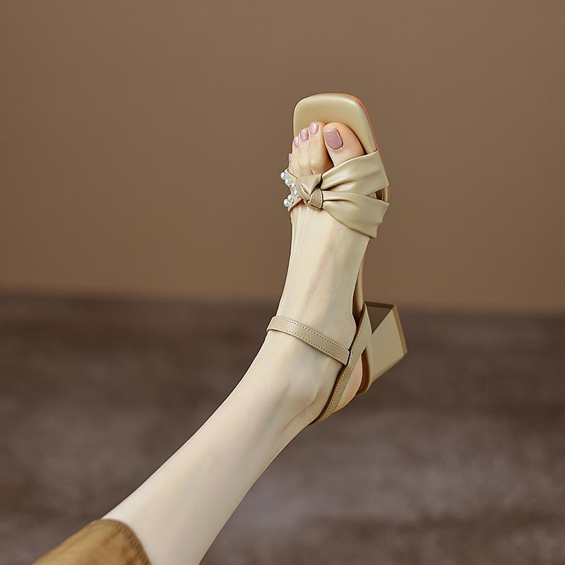 New women's high-heeled sandals summer wide strip sandals women's casual solid color rubber soft-soled women's shoes buckle large size shoes