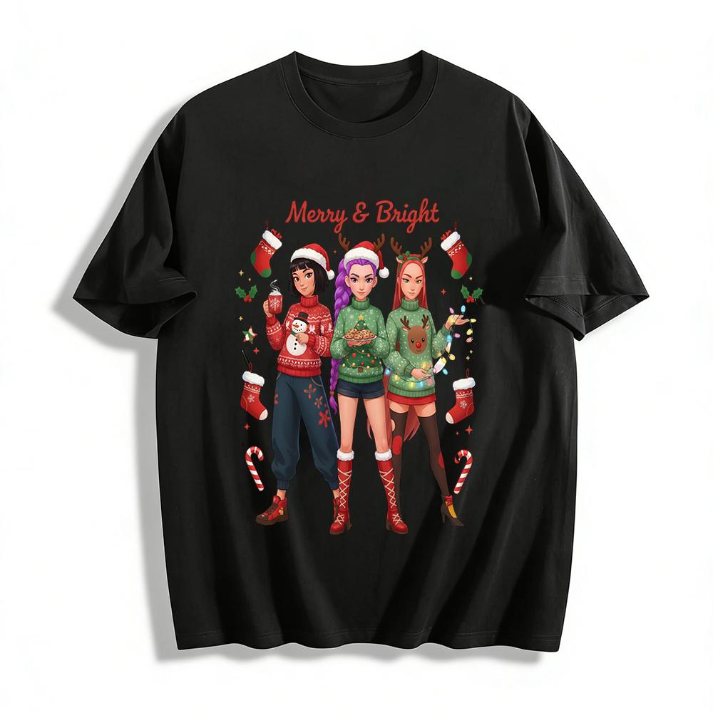 Merry Bright Christmas Snowman Reindeer BFF Print Sweatshirt Festive Loose Top Pure cotton T-shirt XXS