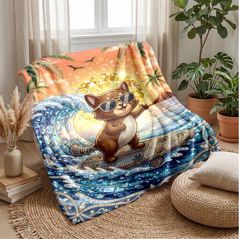 Surfing Cat Paradise Theme blanket Lightweight Warm Flannel Blanket Decorative Throw Blanket for Home Decoration