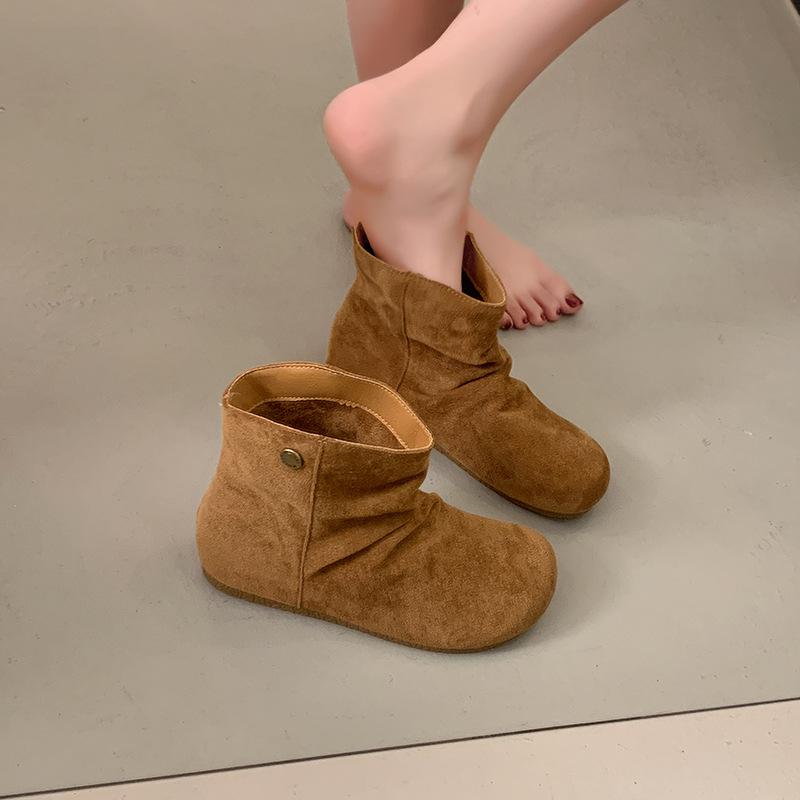 Frosted Leather Folded Martin Boots Women's Short Boots Autumn Round Head Flat Bottom Pile Boots Women's Boots Short Boots