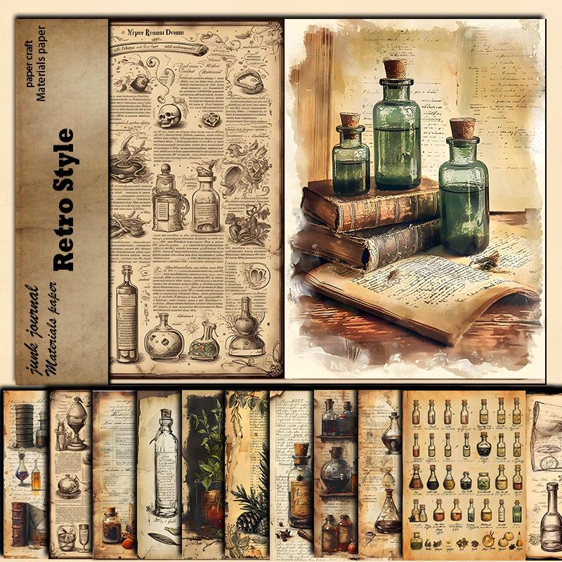 Retro Botanical Lab Material Paper: 10 Sheets of Flowers, Plants, Bottles Aged Pattern Decor