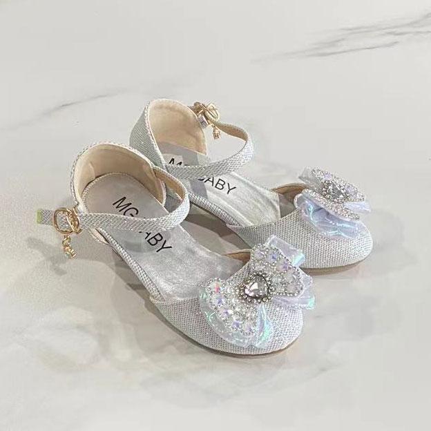 Girls Elegant Low-heeled Girls Mary Jane for Party Wedding 2024 Summer New Bow Rhinestone Sweet Princess Kids Fashion Sandals