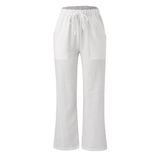 Spring and Summer Women's Pants Cotton Linen Solid Colour Tie Pockets Loose Casual Wide Leg Pants