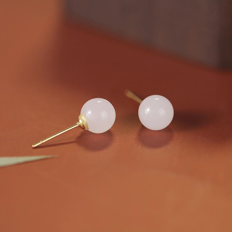PANJBJ 925 Sterling Silver Hotan Jade Stud Earring for Women Girl Round Vintage Luxury Jewelry Banquet Gift Dropshipping