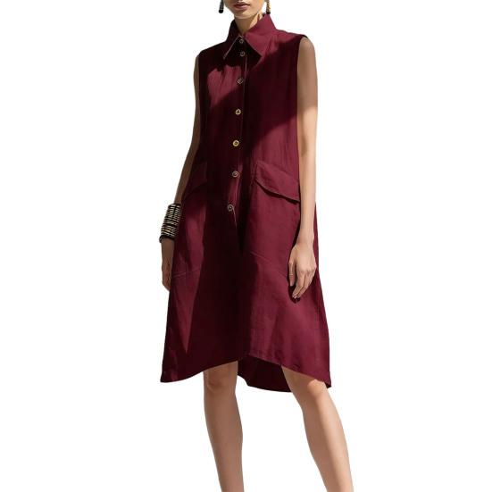 Damen Sommer Hemdblusenkleid Knopfleiste Ärmellos Revers Midi Tankkleid Lässige Tunika Strand Sommerkleid mit Taschen