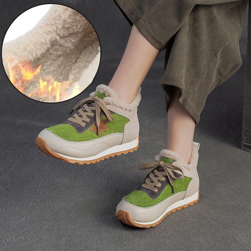 Johnature Warm Plush Cotton Shoes Versatile Lightweight Round Toe Lace-up Casual Women's Shoes