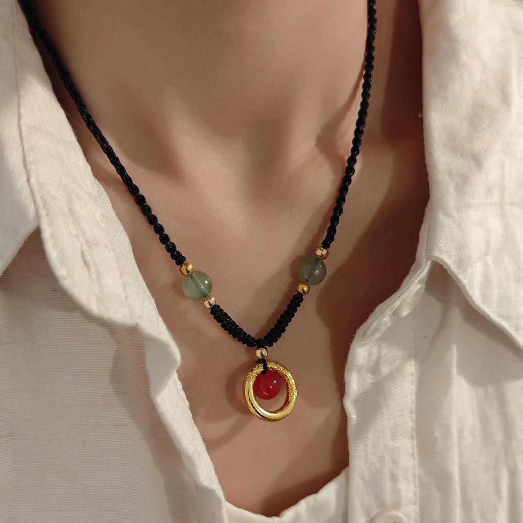 Imitation Agate Safety Buckle Pendant Necklace, Guochao Ancient Style Light Luxury High-End Sense Beaded Woven Necklace