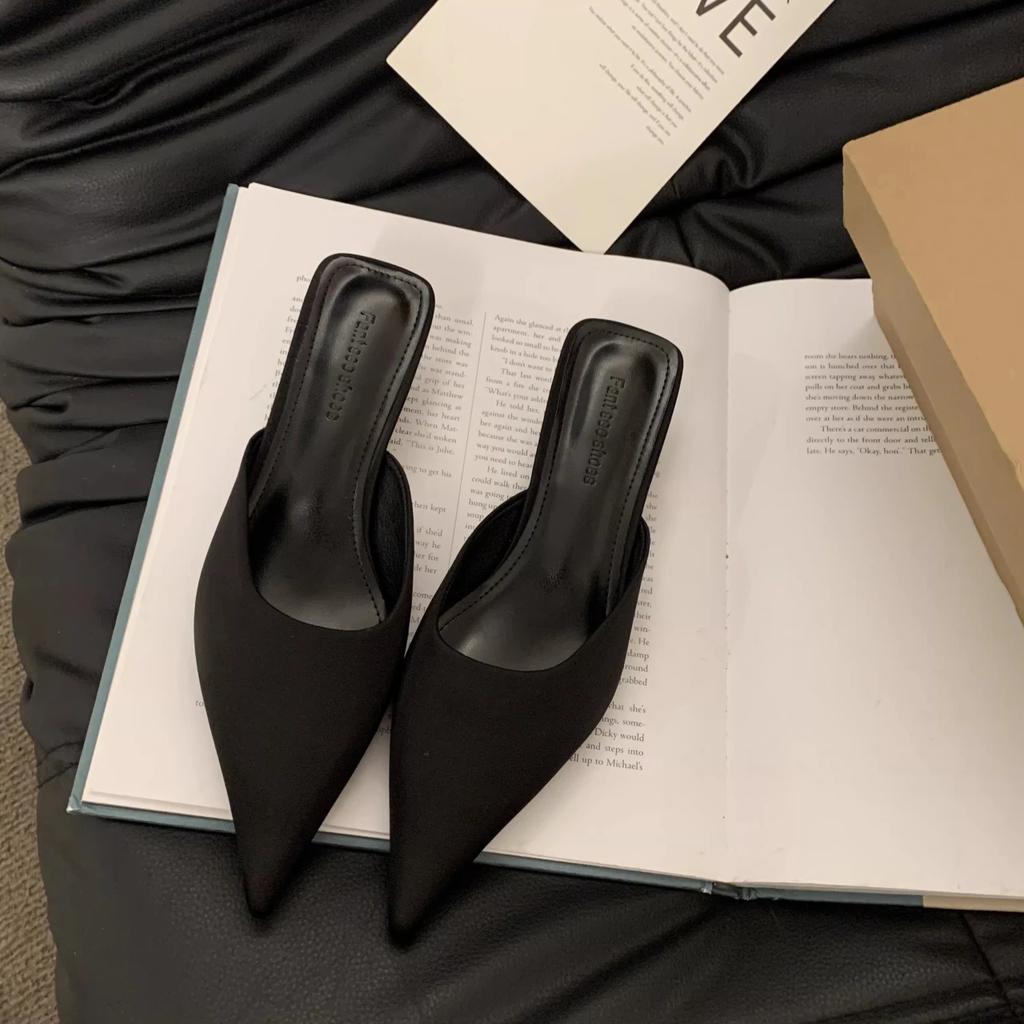 Fashion New Pointed Toe Women Mules Slipper Fashion Candy Color Ladies Elegant Dress Sandal Square Low Heel Slip on Slides Shoes