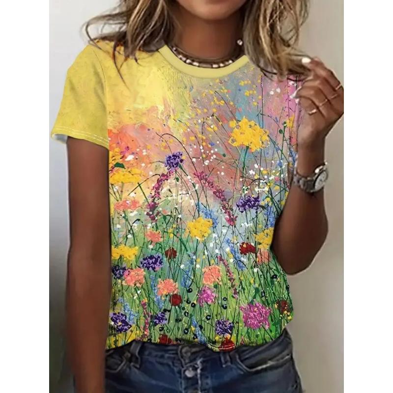 Fashion Women's Crew Neck T-Shirt 3D Flower Color Printing Crew Neck Short Sleeve