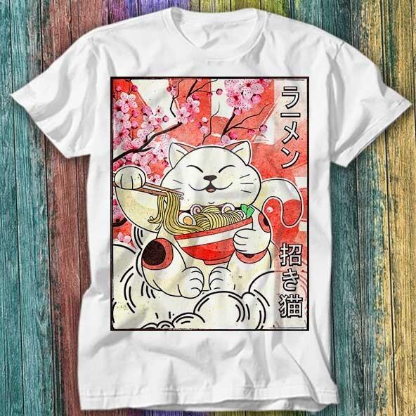 Japanese Noodles Maneki Neko Lucky Cat Ramen Fortune Reading T Shirt Top Tee 245