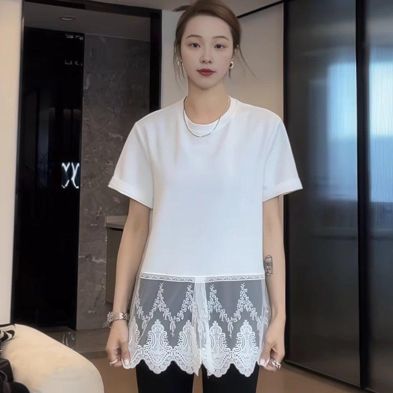 2026 Chic Plus Size Lace Split Short Sleeve Women s Slimming T-shirt L