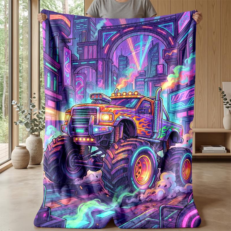 Cyberpunk Monster Truck Blanket Personalized Name Flannel Blanket Soft Cozy Plush Throw for Sofa Bed Lightweight Home Decor