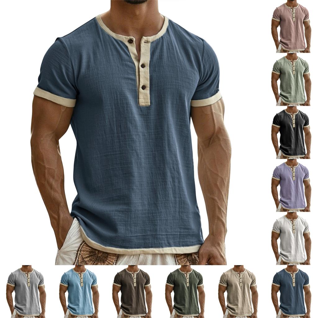 Men's Breathable Solid Color Pleated T-shirt Men's Casual Contrast Color Short Sleeve T-shirt