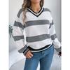 Damen V-Ausschnitt farblich abgesetzter gestreifter Pullover mit Glockenärmeln