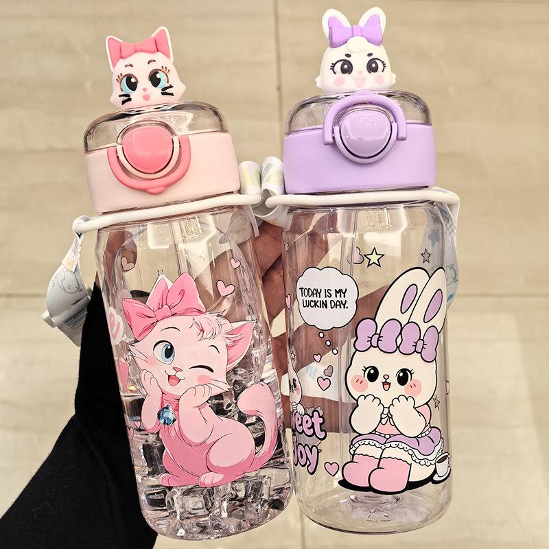 Portable Cartoon Water Cup with Strap - Durable, High-Temperature Resistant Plastic, One-Button Open Straw