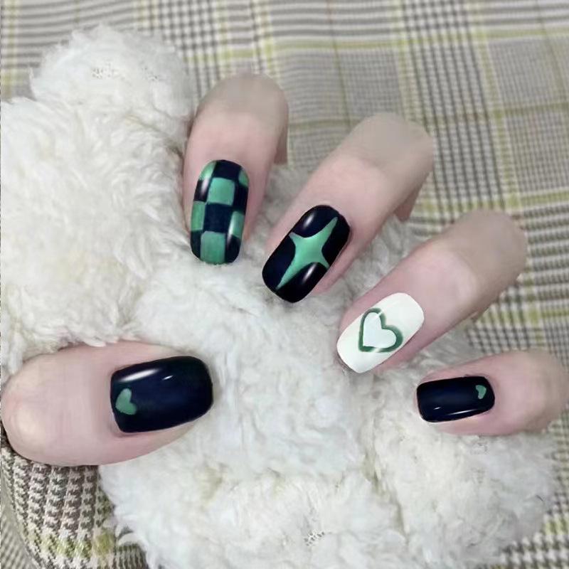 

Green Checkered Wearable Nail Art Patches - Hot Girl Fake Nails Glue Version